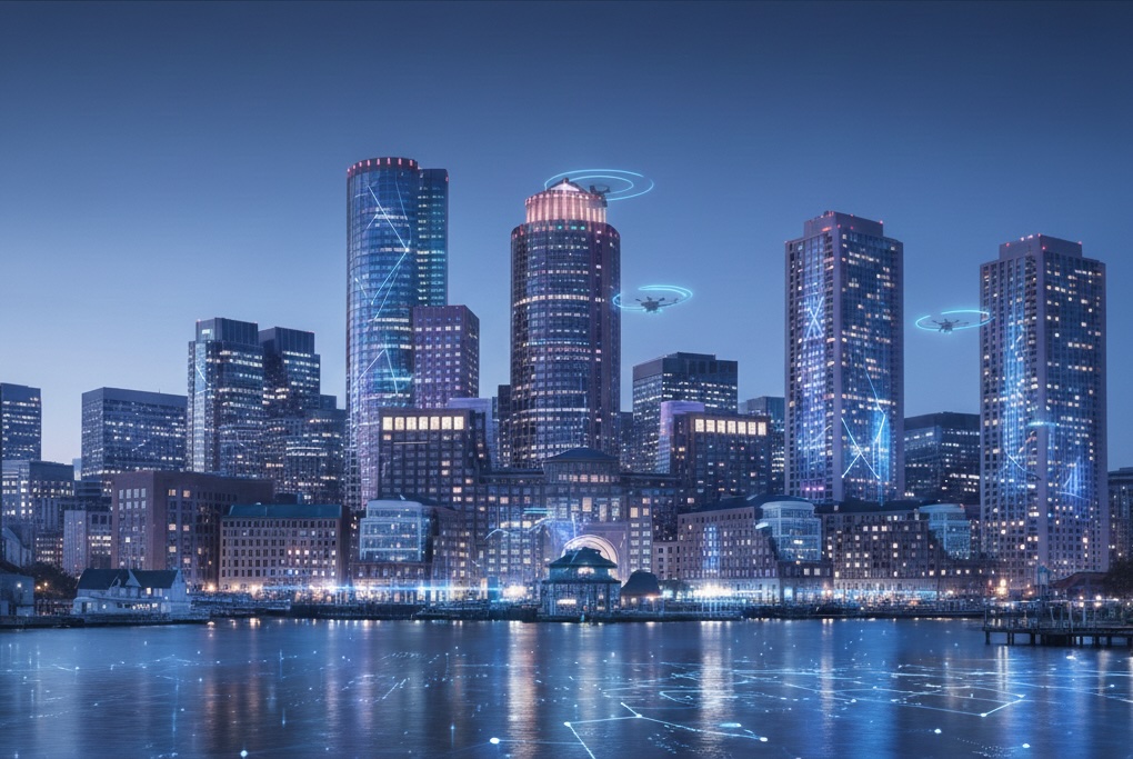 Skyline de Boston com luzes tecnológicas